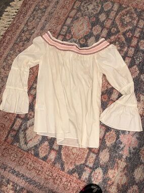 Cream Off-Shoulder Blouse with Red and Pink Embroidered Trim